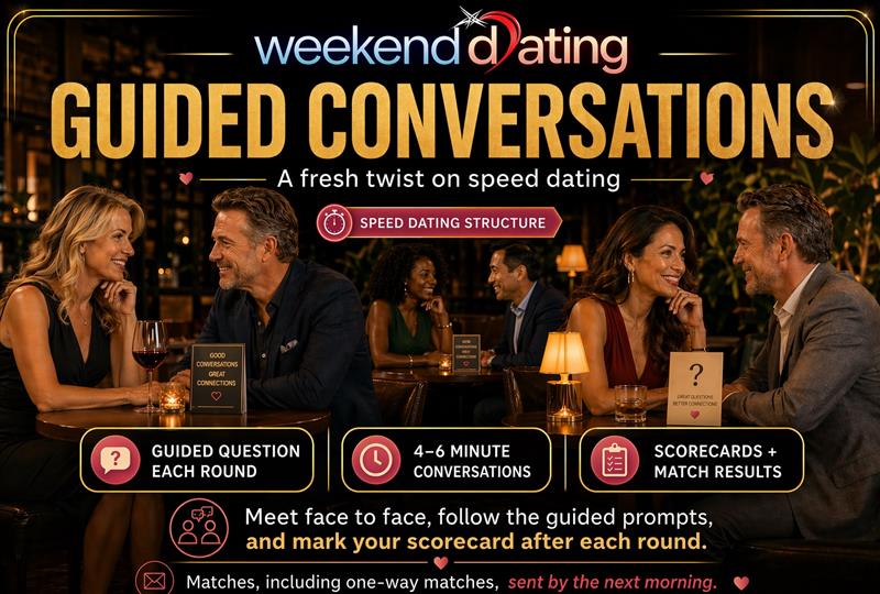 LI Singles- Guided Conversations -Men Ages 42-57; Wom 37-55 - Sat Jun 13 at Vintage 25- Inn at Fox Hollow